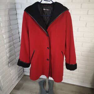 Marcona Ladies Red & Black Lined Button Closure Wool Blend Pea Coat w/ Hood